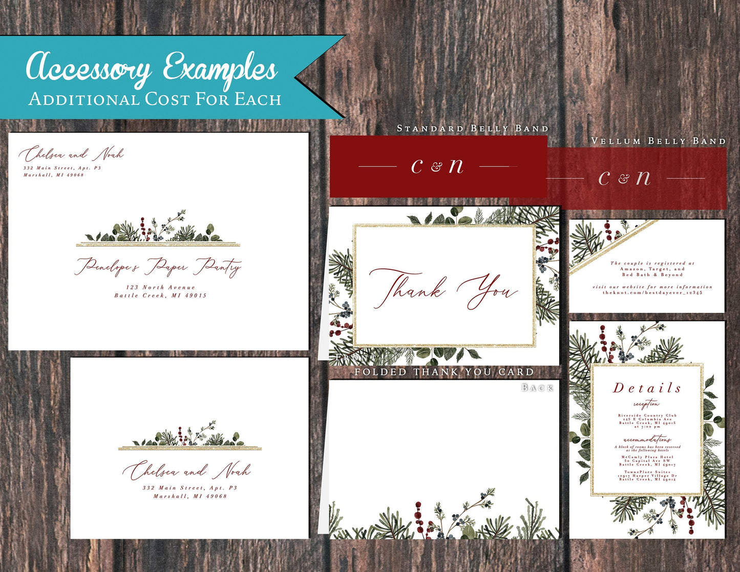Elegant Winter Wedding Invitation – Green, Red & Gold Shimmery Calligraphy, Custom Text Printed with Envelopes Included