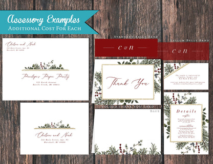 Elegant Winter Wedding Invitation – Green, Red & Gold Shimmery Calligraphy, Custom Text Printed with Envelopes Included