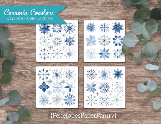 Winter Snowflake Ceramic Coasters Set Of Four Christmas Decor Gift For Her Housewarming Unique Gift Stocking Stuffer Bridal Shower Wedding