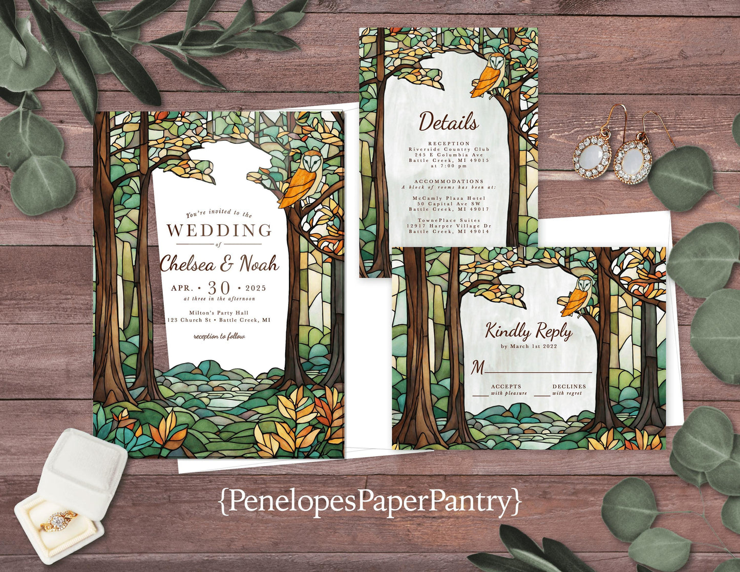 Rustic Woodland Stained Glass Acrylic Wedding Invitation Personalized Printed Acrylic Invite Woodland Owl Invite Forest Enclosure Envelopes