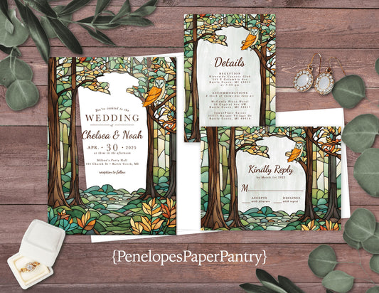 Rustic Woodland Stained Glass Acrylic Wedding Invitation Personalized Printed Acrylic Invite Woodland Owl Invite Forest Enclosure Envelopes