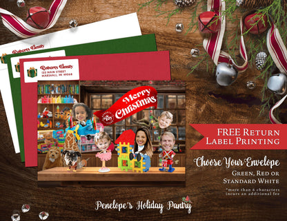 Funny Toy Store Christmas Family Photo Card | Personalized Classic Toys Holiday Card with Envelopes & Back Print