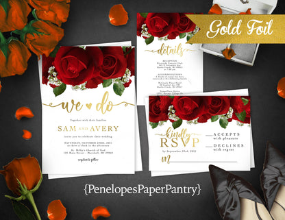 Romantic Red Rose Wedding Invitation – Red Roses, Gold Foil Calligraphy, Custom Printed with Envelopes Included