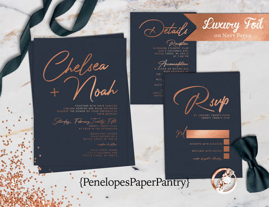 Luxury Copper Foil on Navy Blue Paper Traditional Wedding Invitation, Sets, or Suite