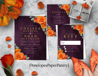 Orange Rose Florals on Purple Wood Background Fall Wedding Invitation, Set, or Suite