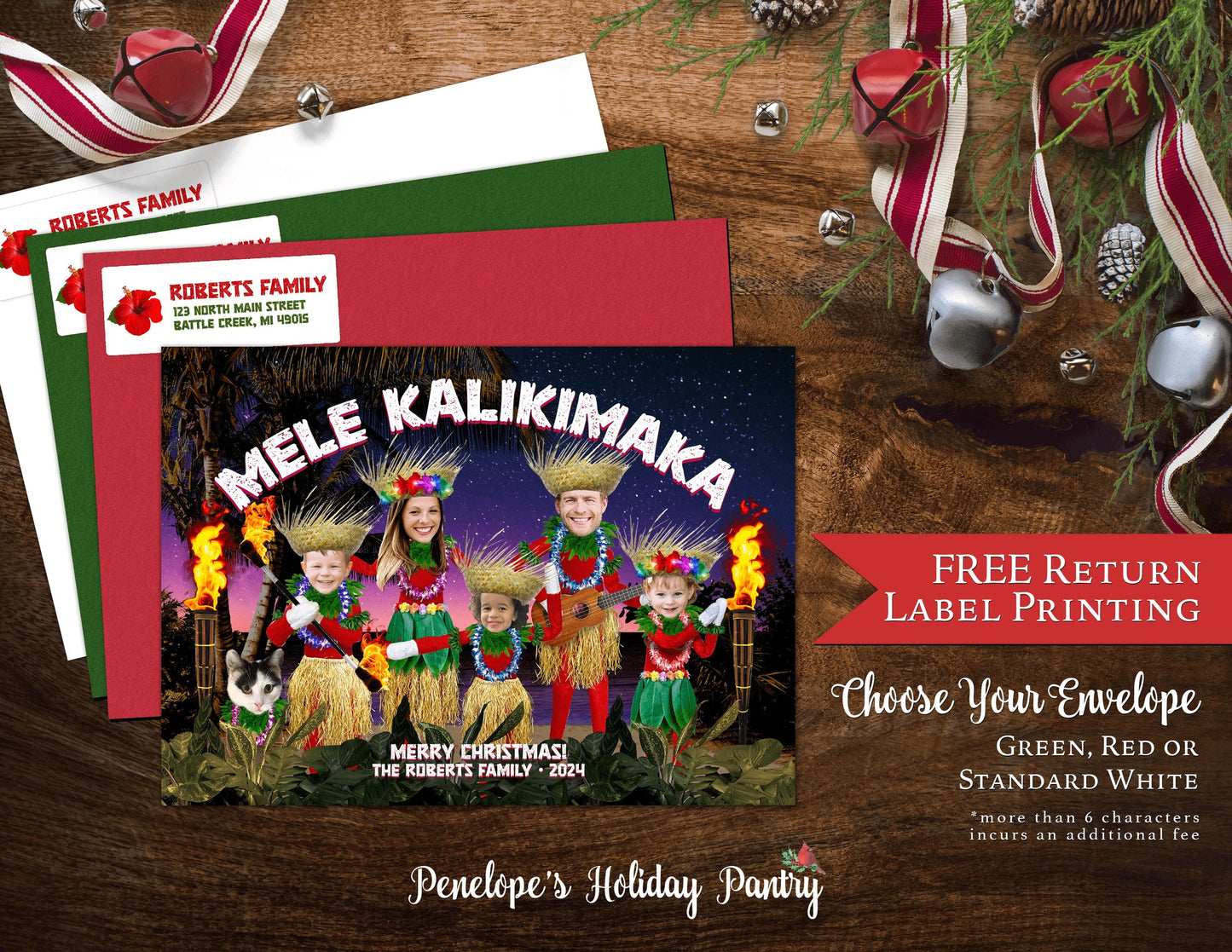 Hawaiian Luau Elf Shelf Inspired Mele Kalikimaka Character Holiday Greeting Cards