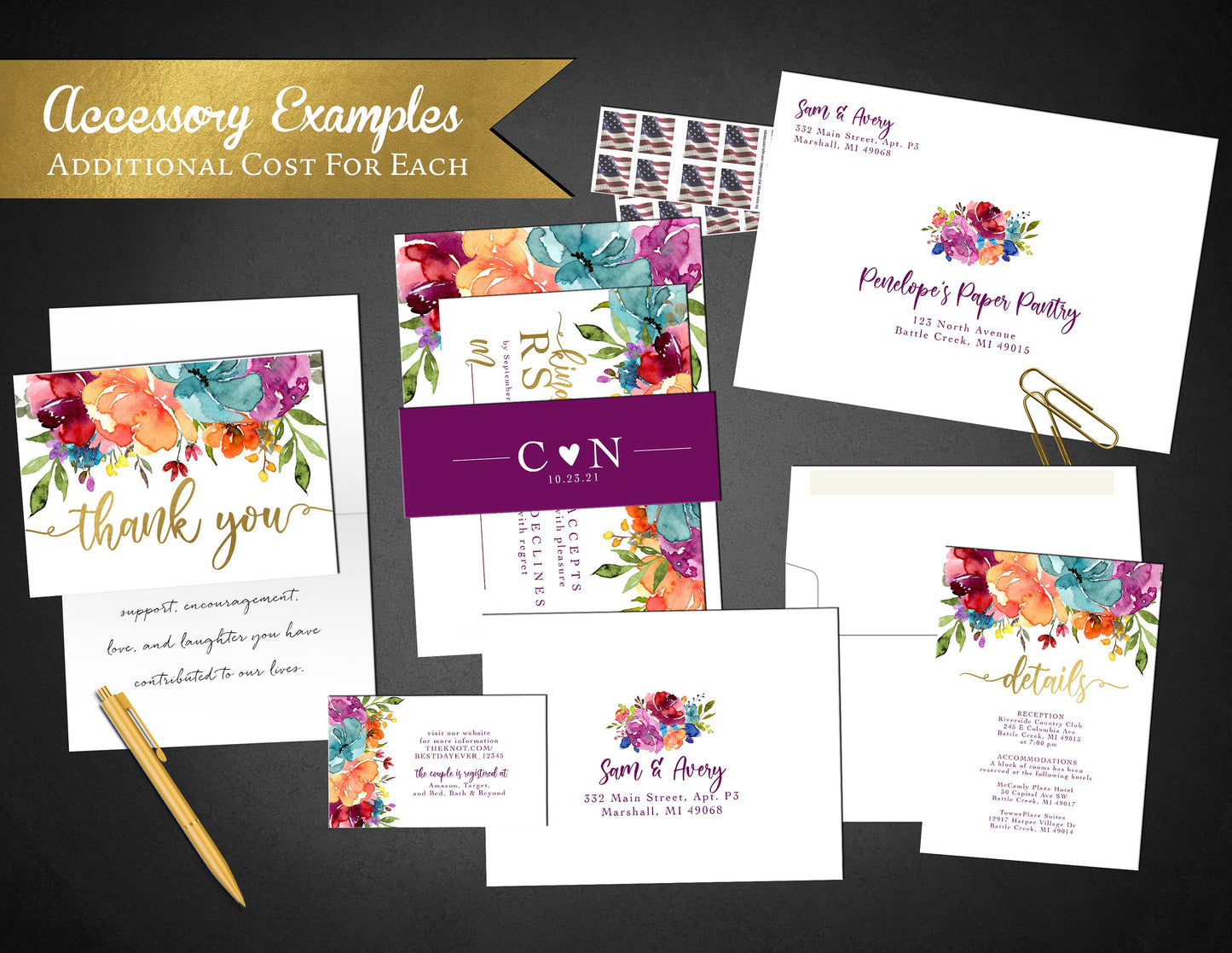 Chic Bright Floral Summer Wedding Invitation Personalized Purple Orange Turquoise Pink Gold Foil Print Printed Invitation Envelope Included