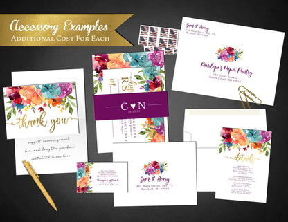 Chic Bright Floral Summer Wedding Invitation Personalized Purple Orange Turquoise Pink Gold Foil Print Printed Invitation Envelope Included