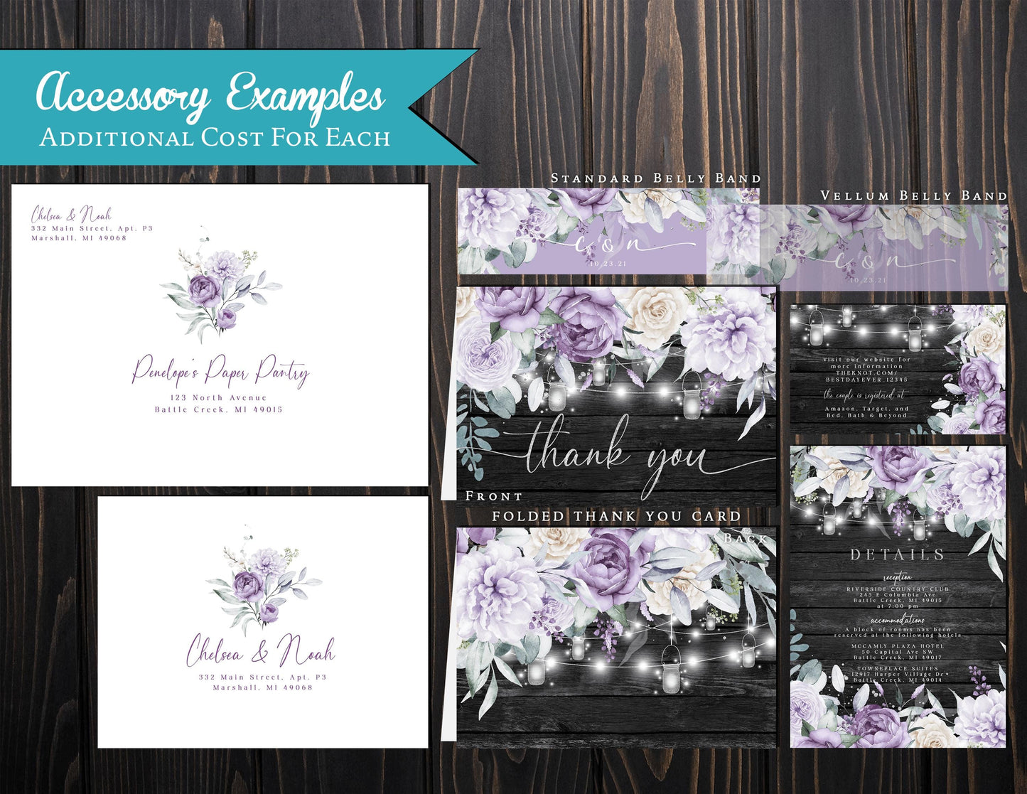 Rustic Gray Floral Summer Wedding Invitation Personalized Barn Wood Purple Lavender Lilac Fairy Lights Printed Invitation Envelopes Included