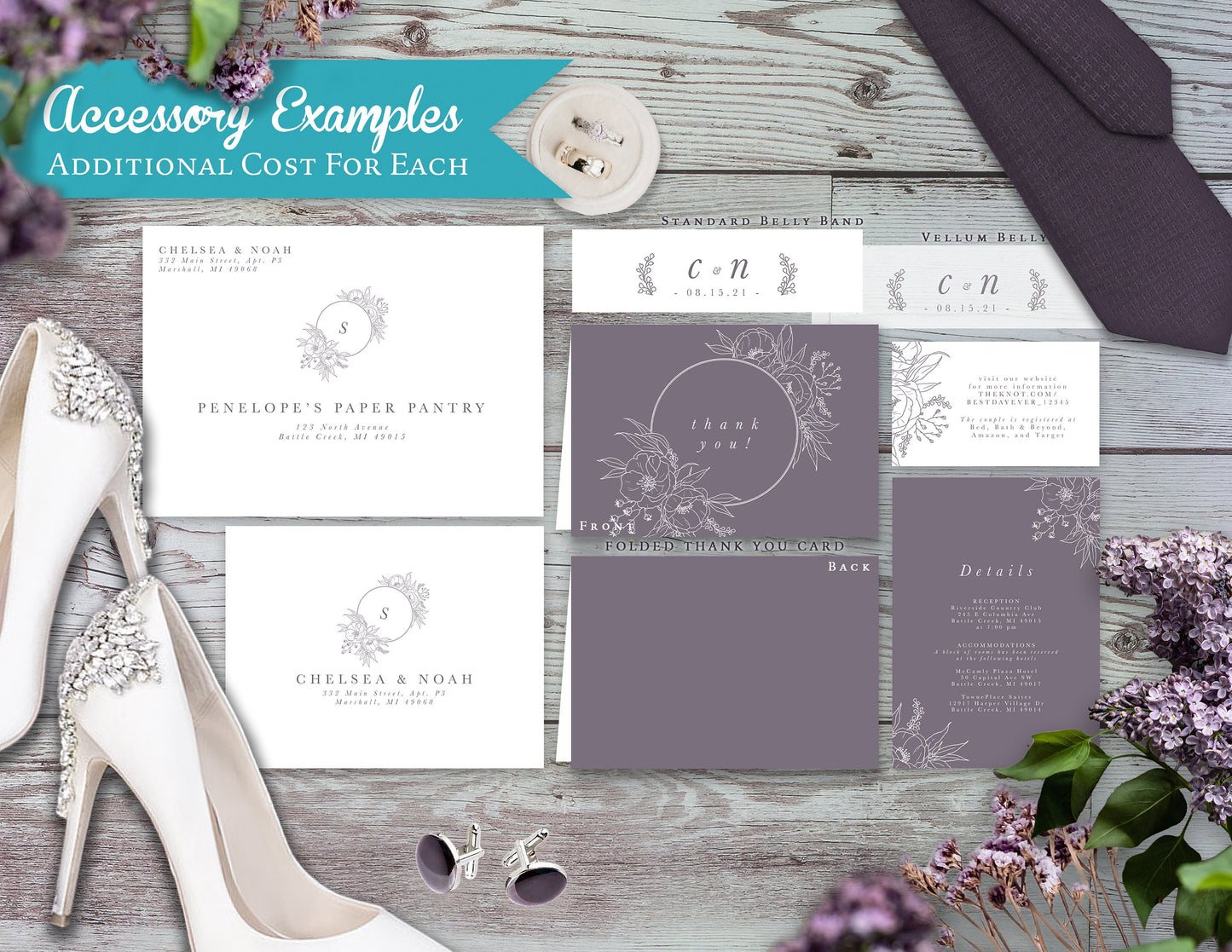 Elegant Dusty Purple Floral Summer Wedding Invitation Personalized Floral Silhouette Wreath Printed Invitations Envelope Included Simple