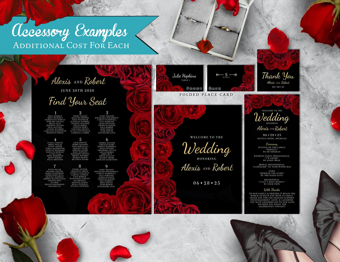 Red Florals with Black Background Rose Wedding Invitation, Set, or Suite