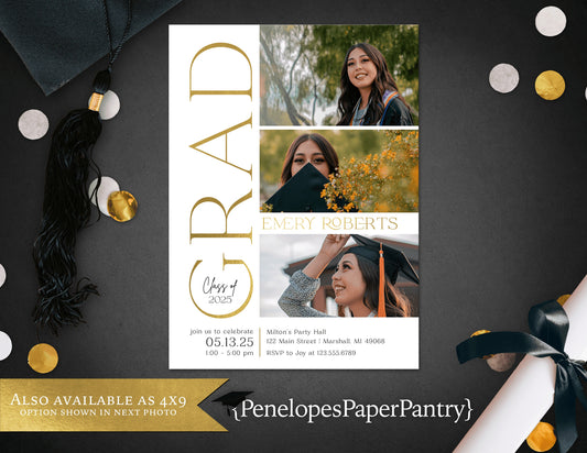 Multi Photo with Gold Foil Graduation Open House or Ceremony Invitation