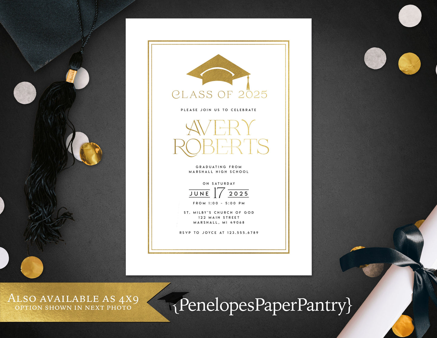 Grad Cap with Gold Foil Graduation Open House or Ceremony Invitation