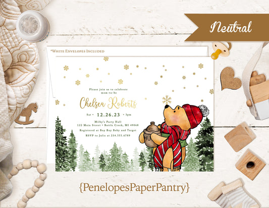 Winter Winnie The Pooh Bear Baby Shower Invitation Honey Pot Snowflakes Calligraphy Gold Foil Personalize Printed Invitation Envelope