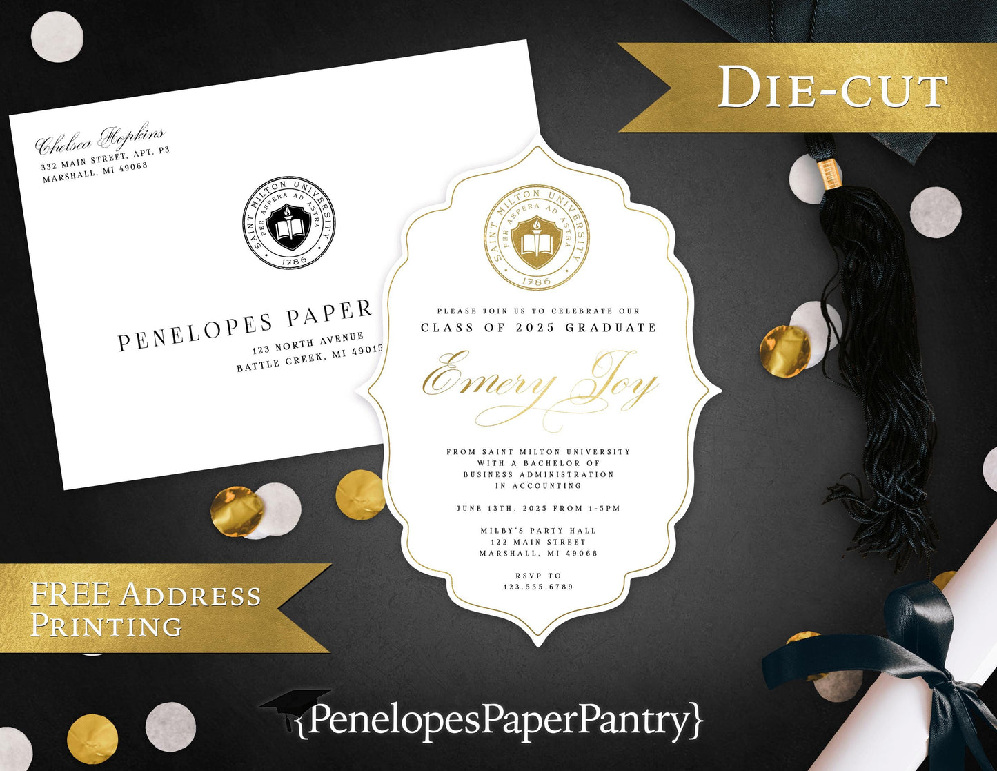 Die Cut Bracket University Seal Graduation Open House or Ceremony Invitation