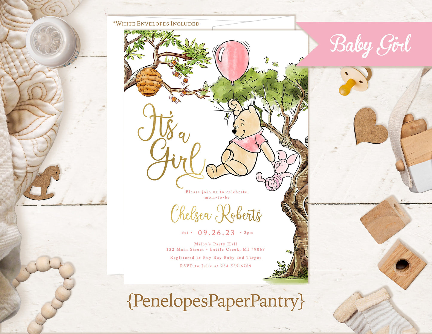 Winnie The Pooh,Baby Shower Invitation,Baby Girl,Piglet,Bees,Bee Hive,Gold Foil,Gold Calligraphy,Personalize,Printed Invitation,Envelope