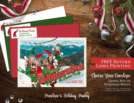 Funny Elves Skiing Christmas Photo Card – Personalized Family Holiday Card with Custom Text, Envelopes & Return Address Labels