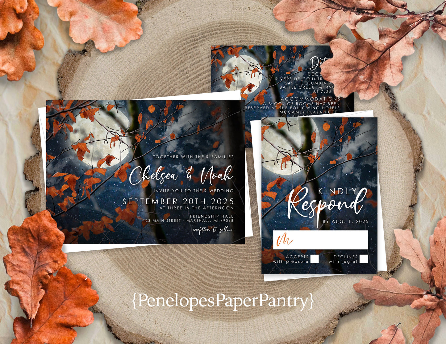 Rustic Fall Wedding Invitation – Full Moon Night Sky, Oak Tree & Burnt Orange Leaves – Romantic Personalized Printed Invitations with Envelopes Included
