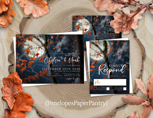 Rustic Fall Wedding Invitation – Full Moon Night Sky, Oak Tree & Burnt Orange Leaves – Romantic Personalized Printed Invitations with Envelopes Included