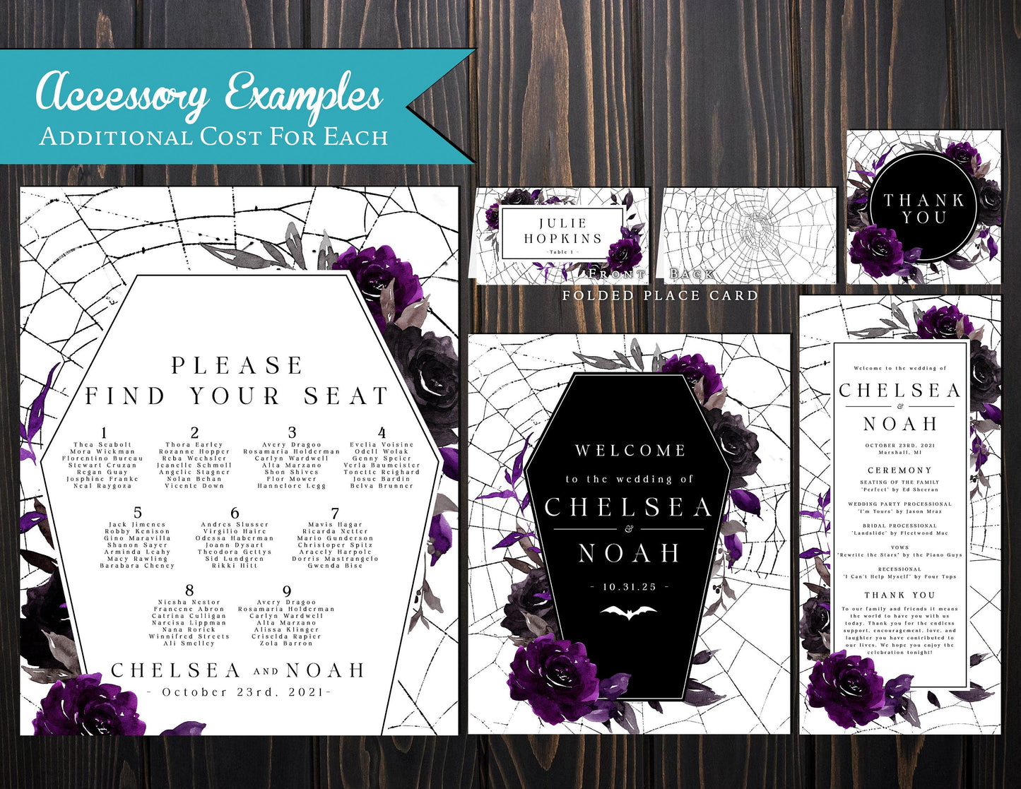 Elegant Gothic Halloween Wedding Invitation – Casket, Spider Webs & Purple Roses – Personalized Shimmery Printed Invite with Envelopes