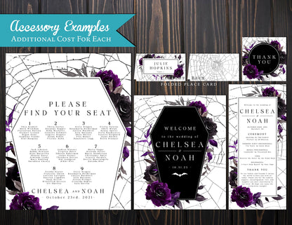 Elegant Gothic Halloween Wedding Invitation – Casket, Spider Webs & Purple Roses – Personalized Shimmery Printed Invite with Envelopes