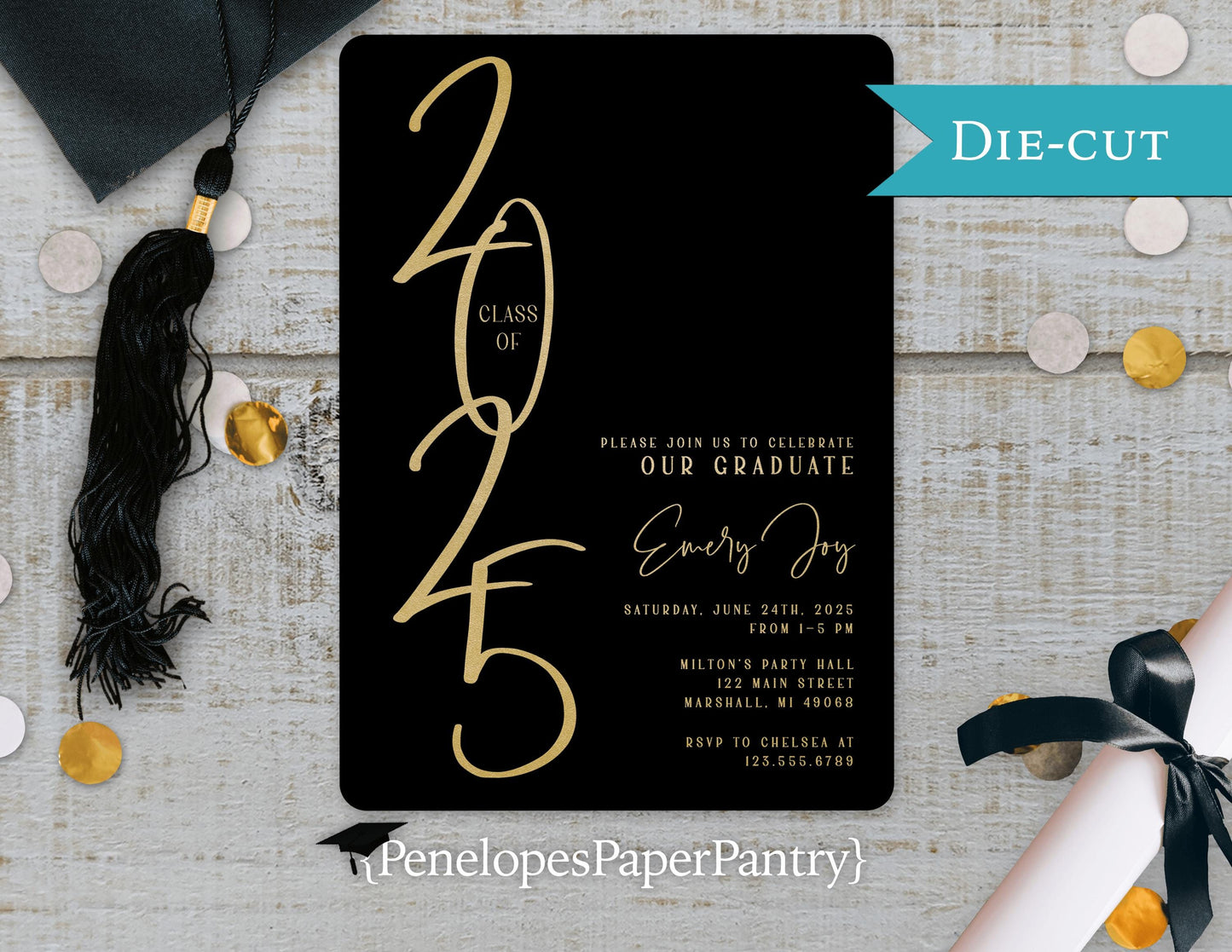 2025 Faux Gold with Black Background Graduation Open House or Ceremony Invitation