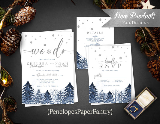 Blue Snowy Forest Pine Trees with Silver Foil Accents Winter Wedding Invitation, Set, or Suite