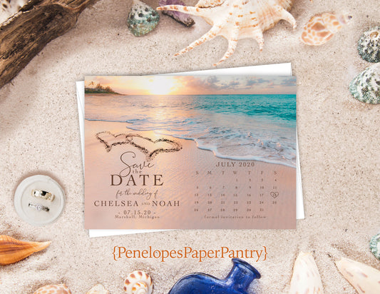 Beach Heart in Sand with Calendar Save the Date