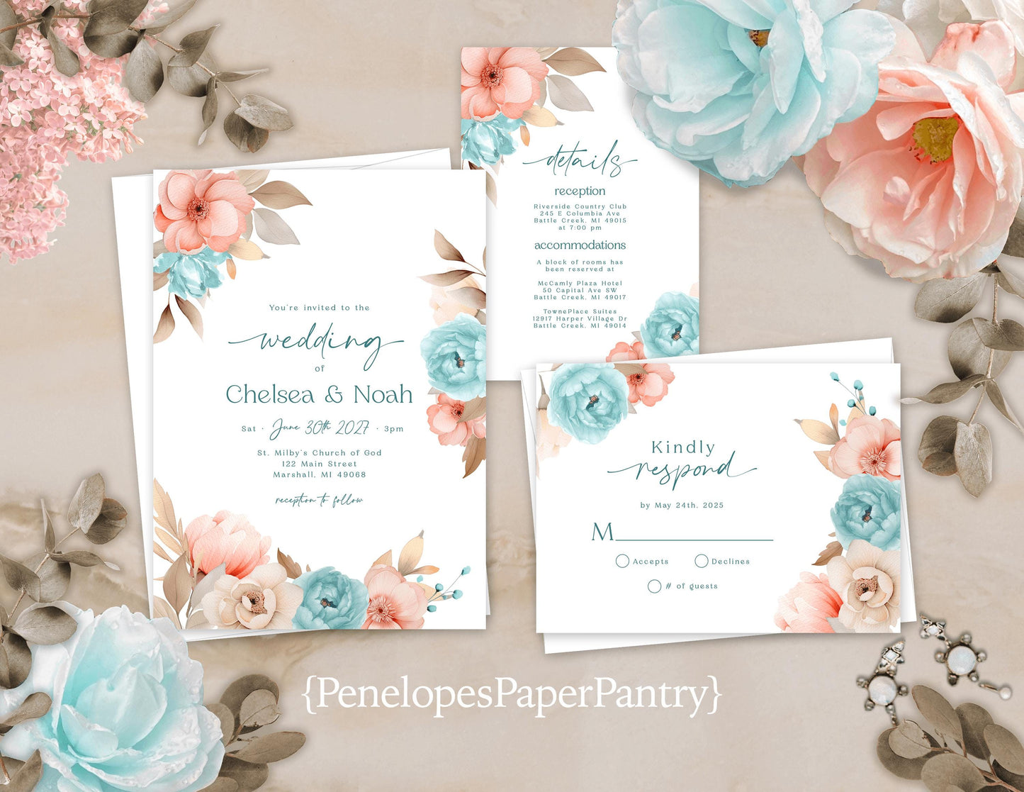 Simple Floral Summer Wedding Invitation Personalized Coral Teal Roses Custom Text Printed Invitations Envelopes Included Optional RSVP Card
