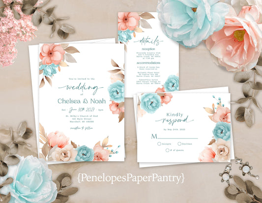 Simple Floral Summer Wedding Invitation Personalized Coral Teal Roses Custom Text Printed Invitations Envelopes Included Optional RSVP Card