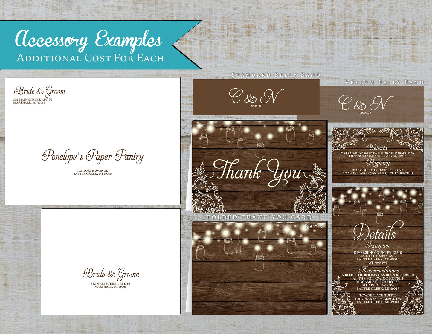 Mason Jar Fairy Lights on Barn Wood Background with Lace Fall Wedding Invitation, Set, or Suite