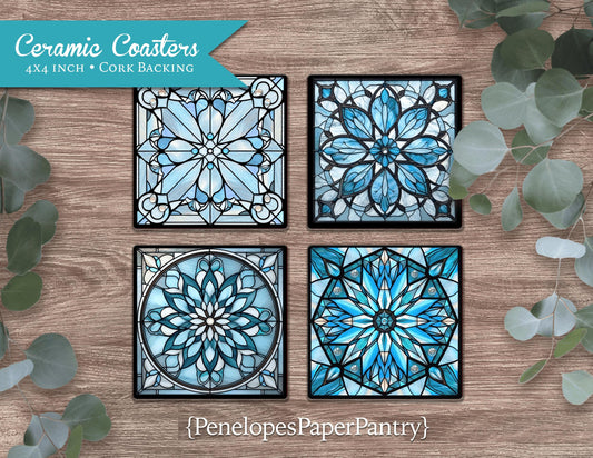 Elegant Snowflake Ceramic Beverage Coasters Set Of Four Faux Stained Glass Christmas Decor Gift For Her Unique Gift Stocking Stuffer