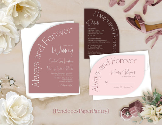 Die Cut Half Arch Dusty Rose, Blush, Burgundy Summer Wedding Invitation, Set, or Suite