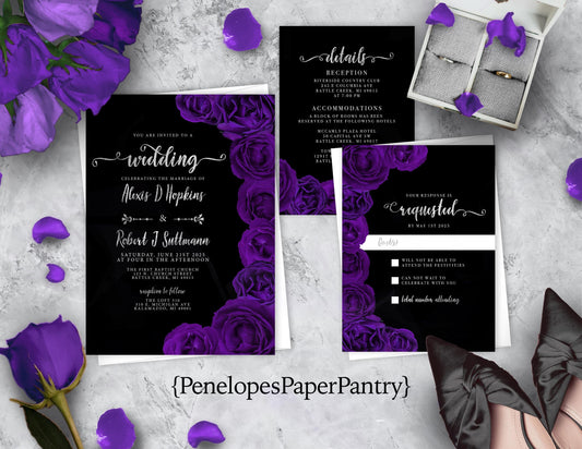 Purple Florals with Black Background Rose Wedding Invitation, Set, or Suite