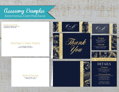 Faux Gold Glitter Lace and Border with Blue Background Traditional Wedding Invitation, Sets, or Suite