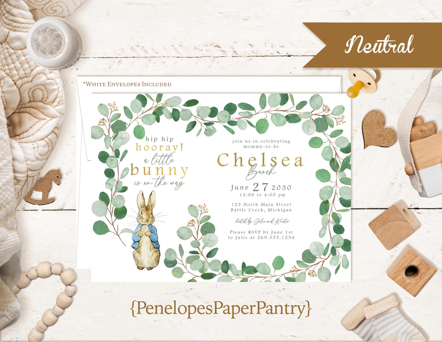Peter Rabbit Gender Neutral Baby Shower Invitation – Personalized Eucalyptus Greenery & Gold Foil Printed Invite – Unique Printed Card with Envelope by Penelope’s Paper Pantry