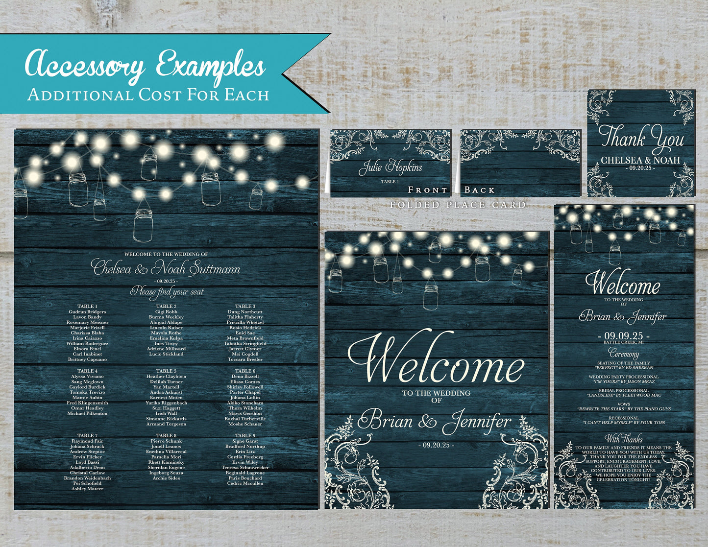 Ivory Mason Jar String Lights on Dark Teal Wood with Lace Fall Wedding Invitation, Set, or Suite