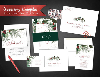 Simple Elegant Winter Wedding Invitation – Holly, Evergreens, Red Foil Calligraphy, Custom Printed with Envelopes Included