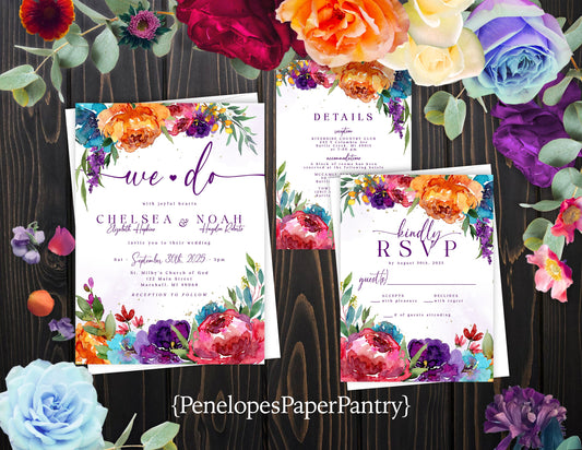 Bright Purple, Orange, Turquoise, Hot Pink Floral on White Background Summer Wedding Invitation, Set, or Suite