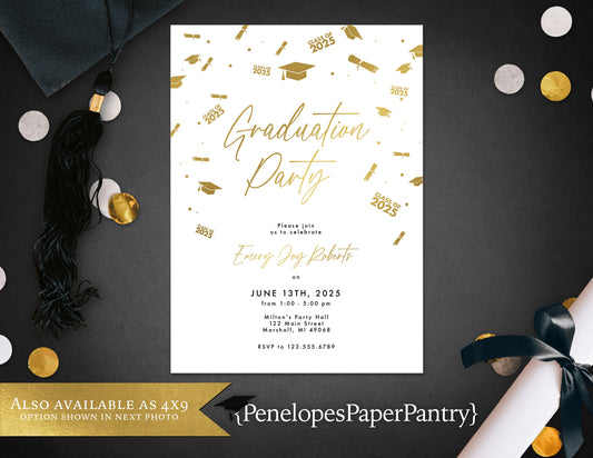 Grad Cap Confetti with Gold Foil Graduation Open House or Ceremony Invitation