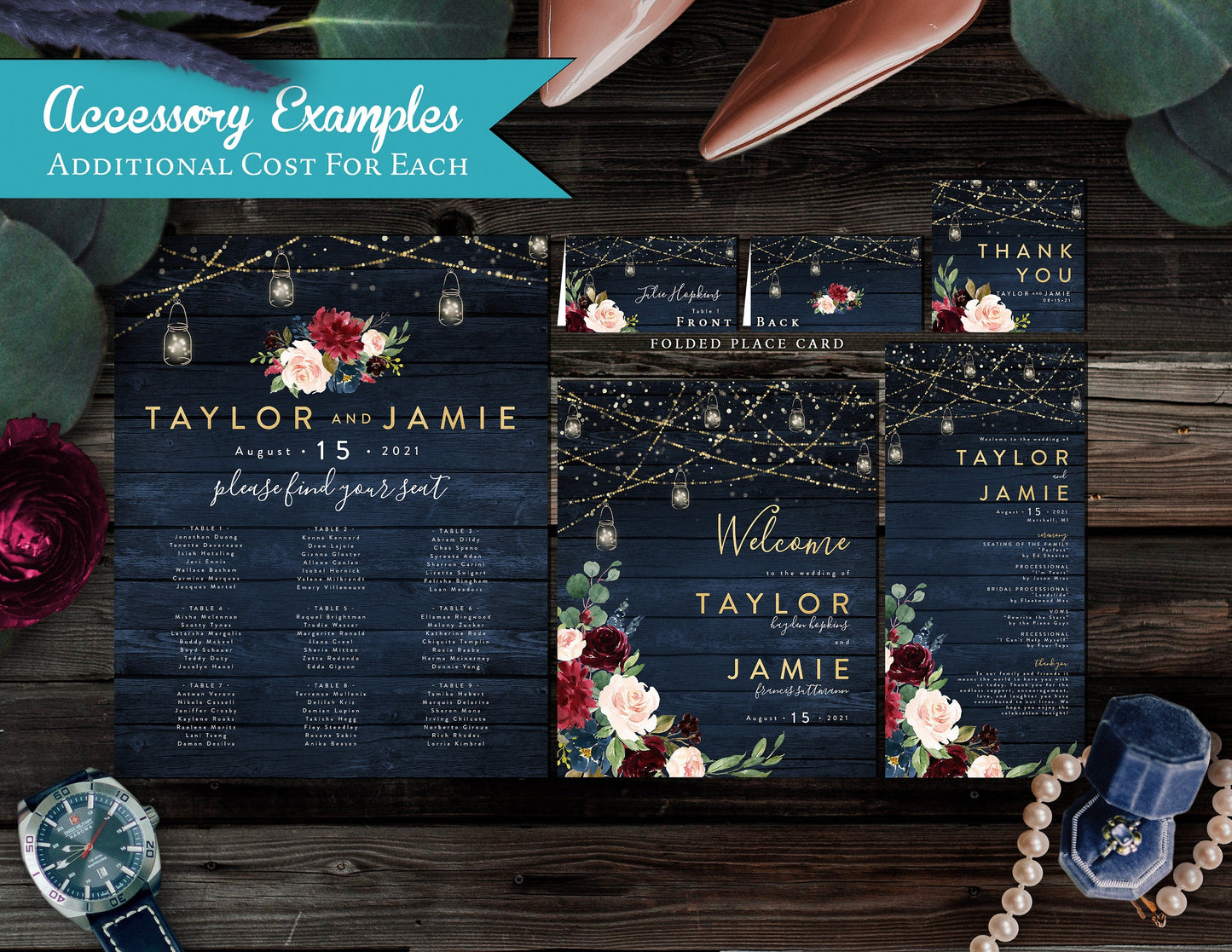 Rustic Navy Floral Fall Wedding Invitation – Barn Wood, Mason Jar Lights, Burgundy Florals & Gold Print – Personalized Shimmery Printed Invitations with Envelopes