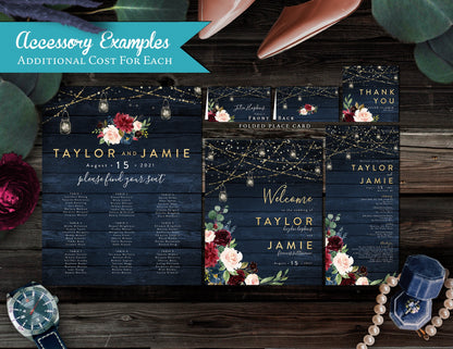 Rustic Navy Floral Fall Wedding Invitation – Barn Wood, Mason Jar Lights, Burgundy Florals & Gold Print – Personalized Shimmery Printed Invitations with Envelopes