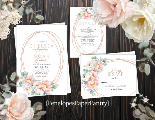 Blush Floral Invite Rose Gold Oval Frame Summer Wedding Invitation, Set, or Suite