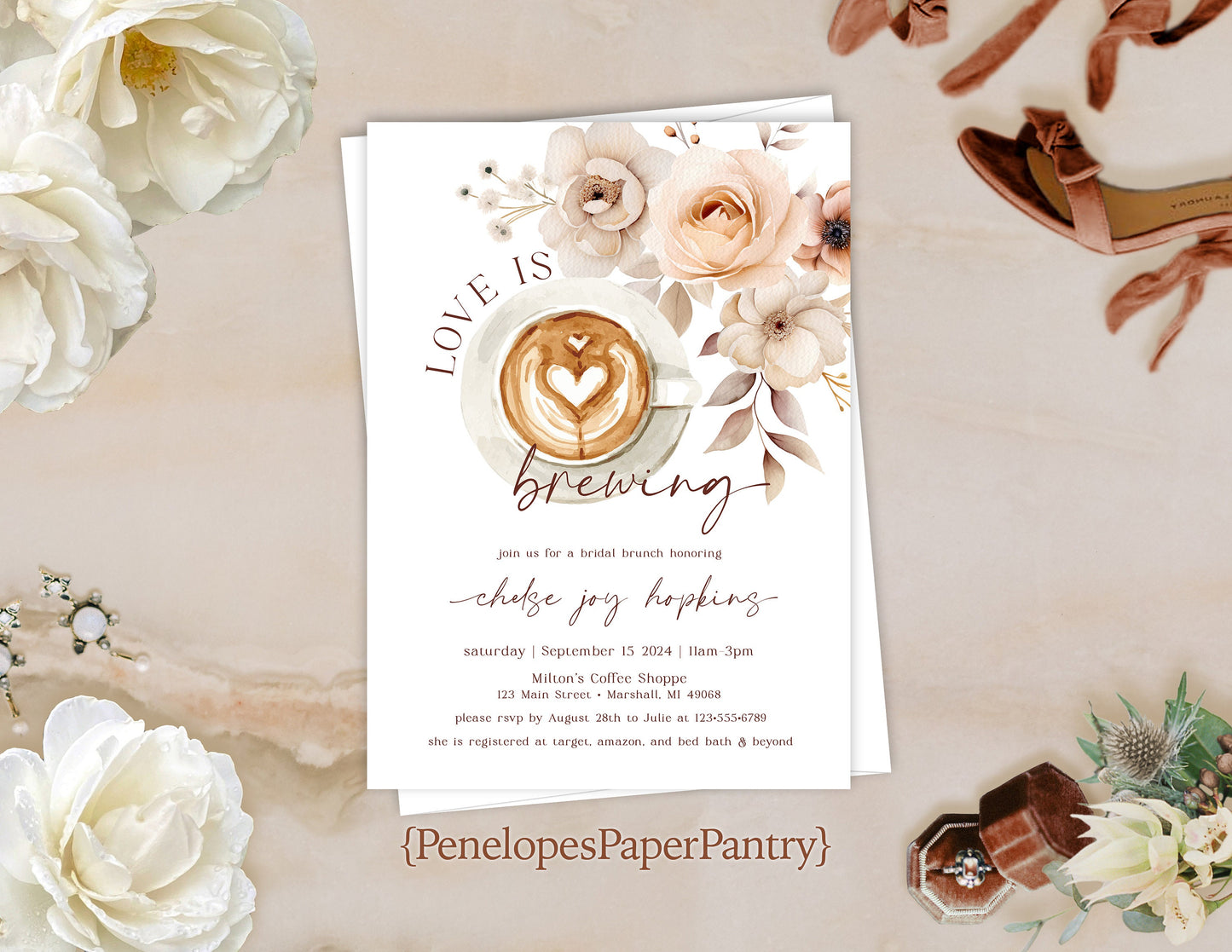 Something's Brewing Coffee Theme with Neutral Florals on White Background Bridal Shower Invitation