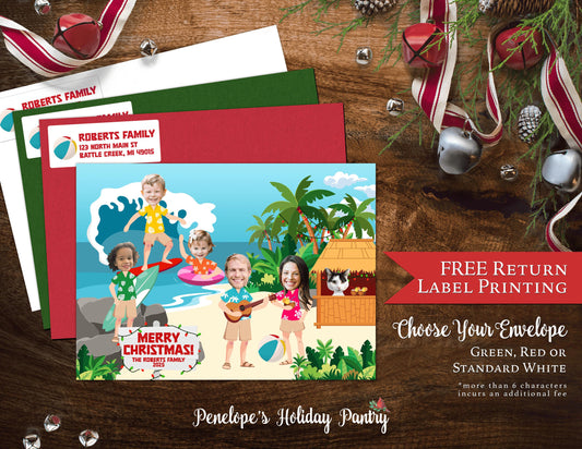 Personalized Tropical Christmas Photo Card - Surfing Palm Trees Double-Sided Print with Envelope  Address Labels