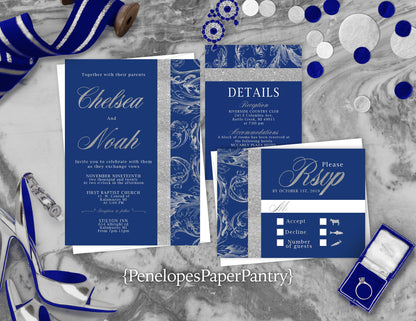 Royal Blue with Faux Silver Glitter Border and Lace Traditional Wedding Invitation, Sets, or Suite