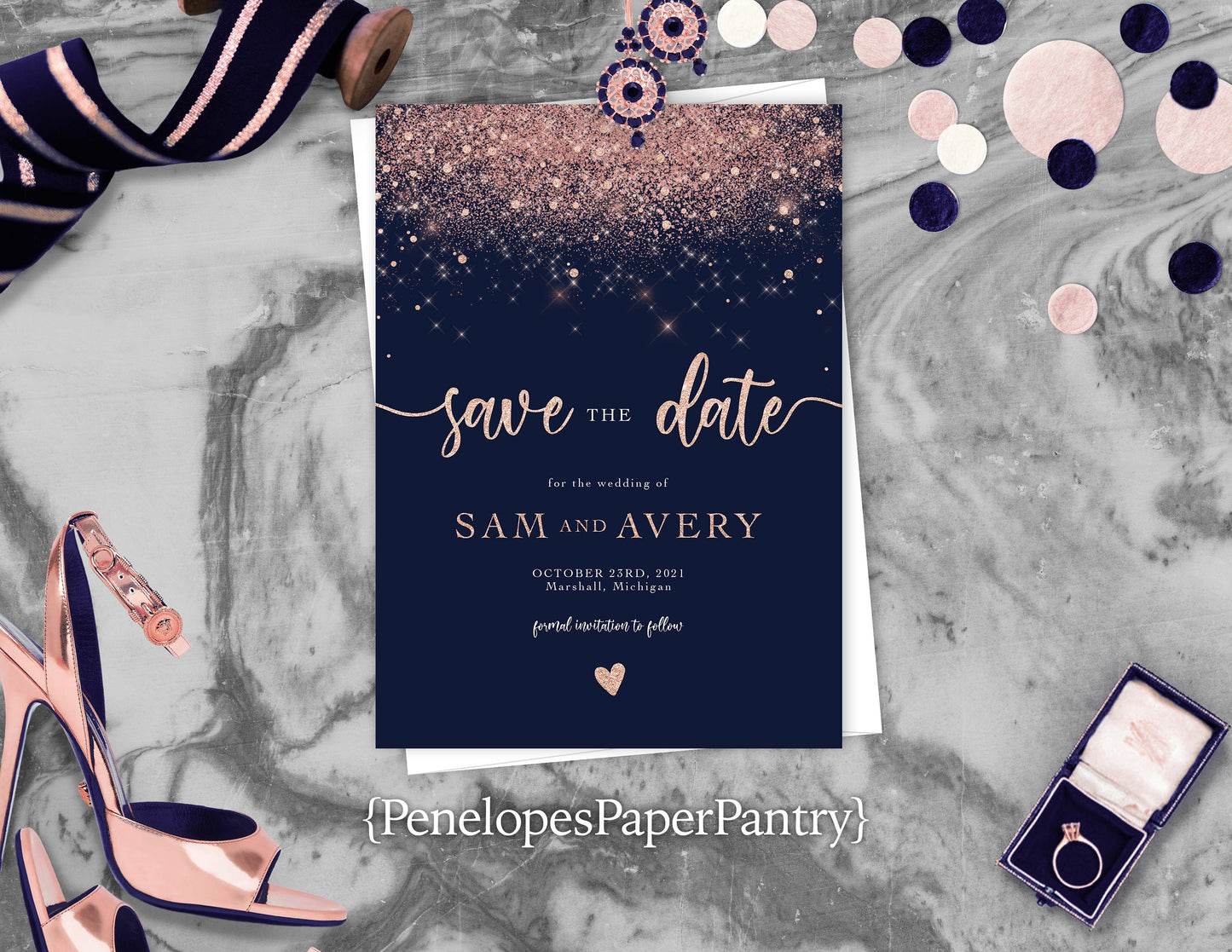 Pink Faux Glitter with Navy Blue Background Save the Date