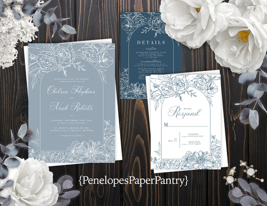 Elegant Dusty Blue Summer Wedding Invitation Personalized Baby Blue Powder Blue Floral Silhouettes Printed Invitations Envelopes Included