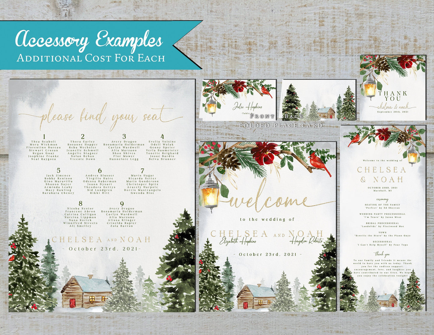 Rustic Winter Wedding Invitation – Evergreen Trees, Log Cabin, Red Cardinal, Shimmery Calligraphy, Custom Printed with Envelopes Included
