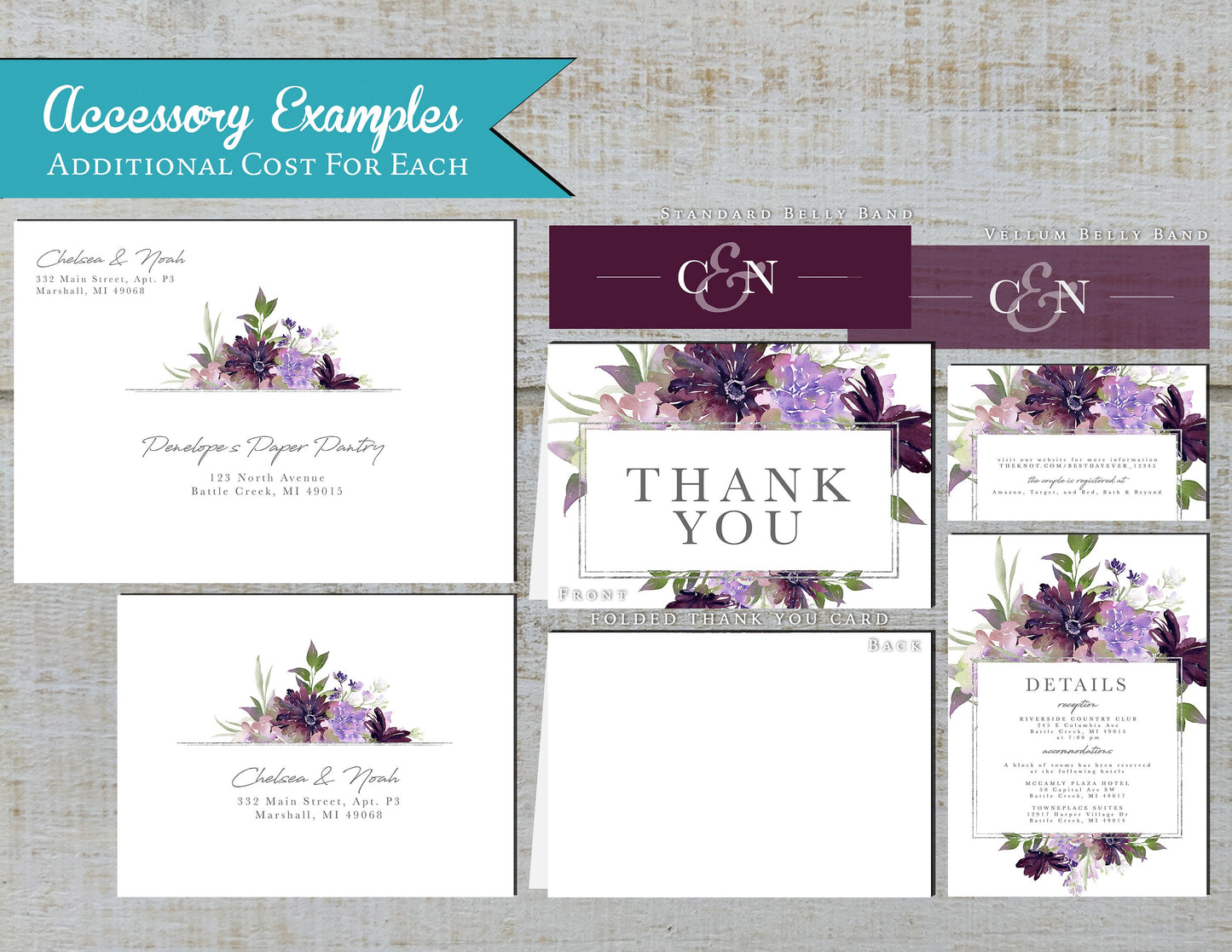 Dark and Light Purple Florals with Frame on White Background Summer Wedding Invitation, Set, or Suite